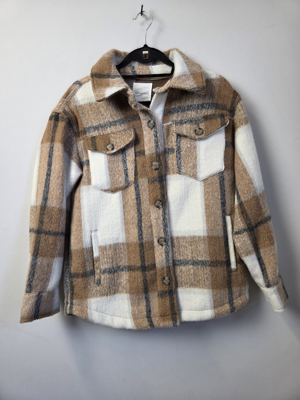Avec Les Filles Tan, White & Gray Plaid Utility Shacket